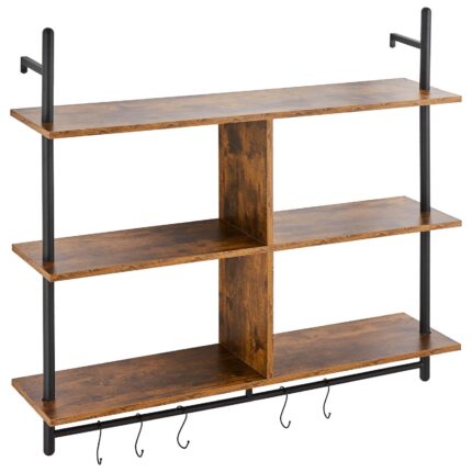 Industrial Pipe Shelf, 3 Tier 41.5x9.84in, Wall-Mount Floating Rustic Wood Shelves Bracket Display Bookshelf, Storage Rack Sundries Holder For Kitchen Bedroom Bathroom Living Room, Black - natural wood