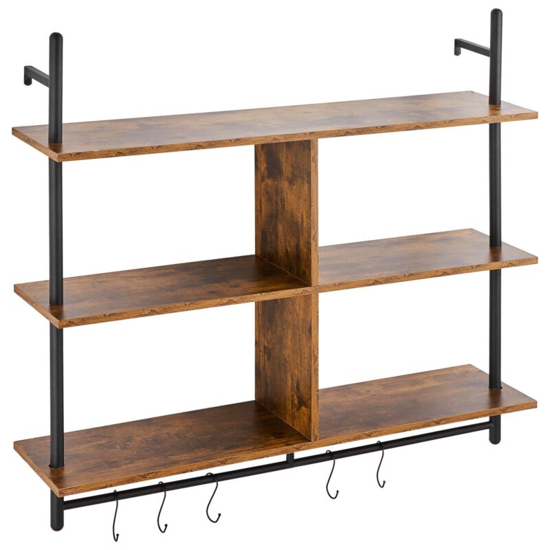 Industrial Pipe Shelf, 3 Tier 41.5x9.84in, Wall-Mount Floating Rustic Wood Shelves Bracket Display Bookshelf, Storage Rack Sundries Holder For Kitchen Bedroom Bathroom Living Room, Black - natural wood