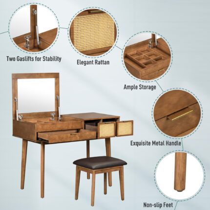 43.3 Classic Wood Makeup Vanity Set With Flip-top Mirror And Stool, Dressing Table With Three Drawers And Storage Space, Brown - home styling