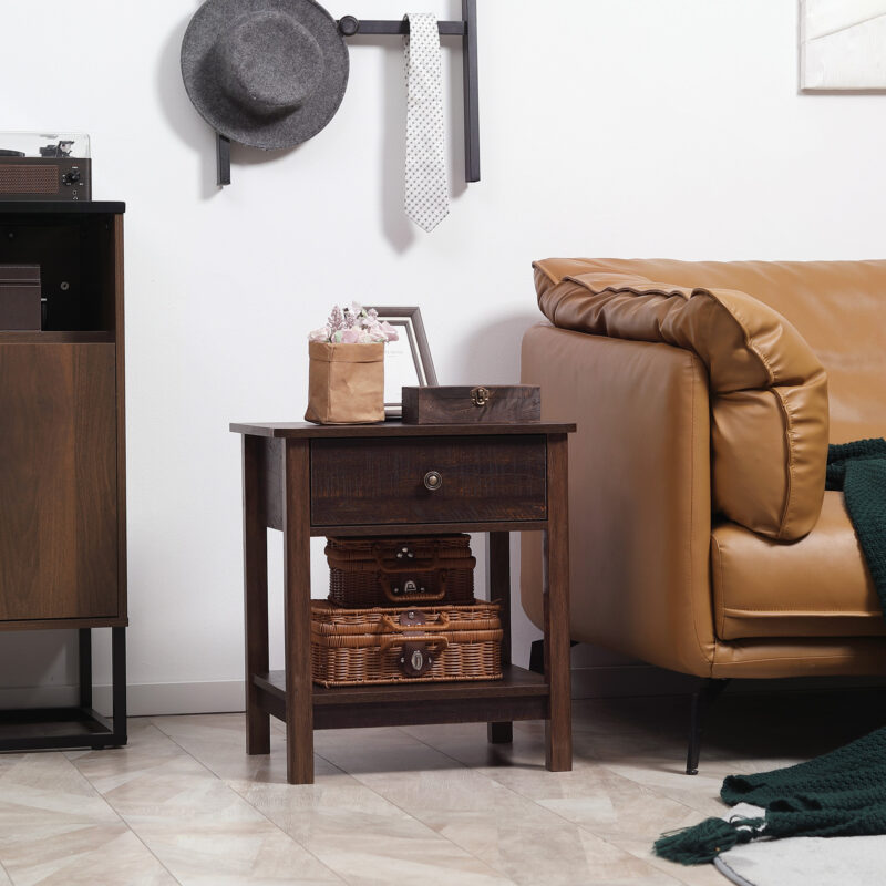 Dark Brown Nightstand With Drawer And Shelves Compact Design For Small Spaces Bedroom Furniture - home styling