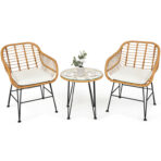3 Pieces Rattan Furniture Set With Cushioned Chair Table - dining furniture