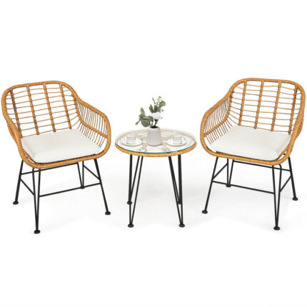 3 Pieces Rattan Furniture Set With Cushioned Chair Table - dining furniture