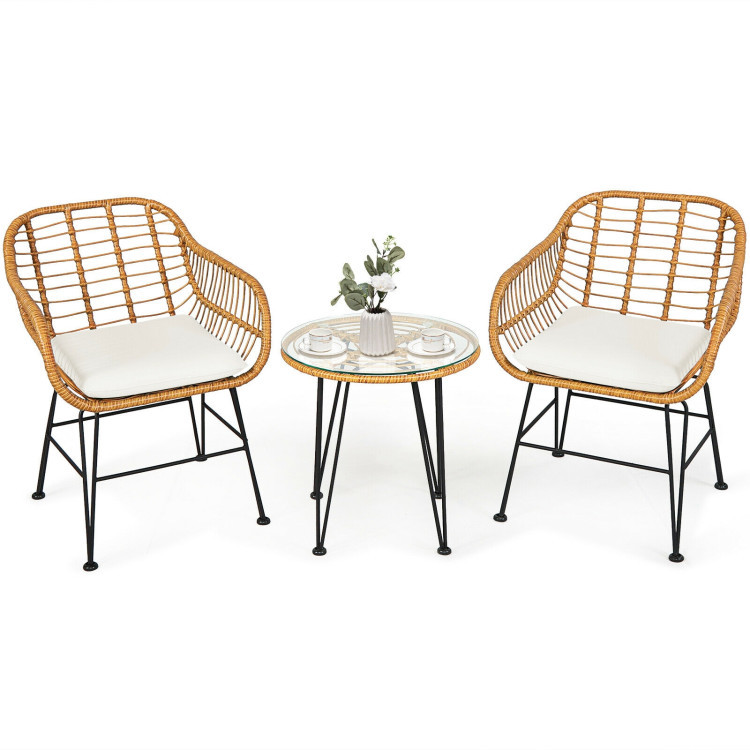 3 Pieces Rattan Furniture Set With Cushioned Chair Table - dining furniture
