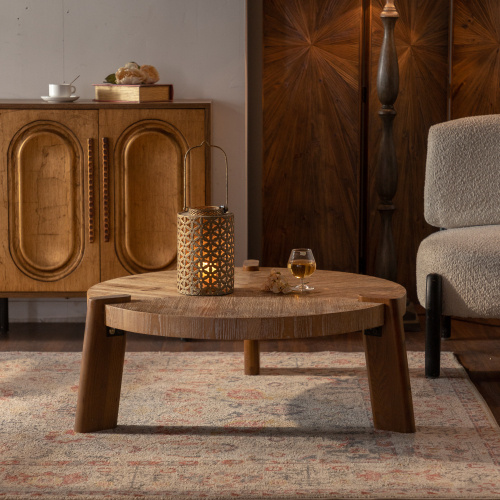 Wood Round Coffee Table For Living Room, Rustic Natural Coffee Table For Apartment, Easy Assembly - quality furniture