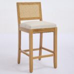Full Solid Wood Rattan-Back Bar Stool, Matte Linen Cushion With High-Resilience Foam S-Springs, Ideal For Rustic Natural Style Kitchen Island, Low Bar In Dining Room Cafe,Set Of 2,Beige,SW1872BG - quality furniture