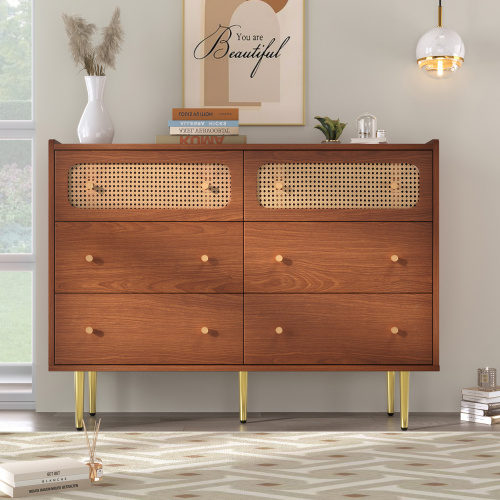 14cce2de-13e2-4e82-b822-207f6c30c609.jpg Rattan Sideboard Cabinet For Living Room, Chest Of Drawers With 6 Drawers, Walnut -40D X 120W X 90H Centimetres - home furniture