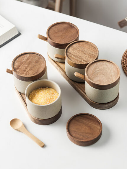 Kitchen Seasoning Pot Ceramic Three Piece Suit Simple Salt Pot Acacia Wood Tray With Cover - decorative item