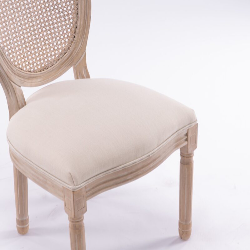 French Style Solid Wood Antique Linen & Rattan Dining Chair, Set Of 2, Cream - dining furniture