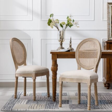 French Style Solid Wood Antique Linen & Rattan Dining Chair, Set Of 2, Cream - modern furniture