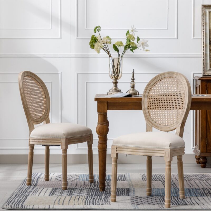 French Style Solid Wood Antique Linen & Rattan Dining Chair, Set Of 2, Cream - modern furniture