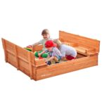 Wooden Sandbox, 52.4 X 47.2 X 16.9 In Sand Box, Sand Pit With Foldable Bench Seats And Bottom Liner, Natural Wood Kids Sandbox For Outdoor Backyard, Beach, Park, Gift For Boys Girls Ages 3-12 - home accessories