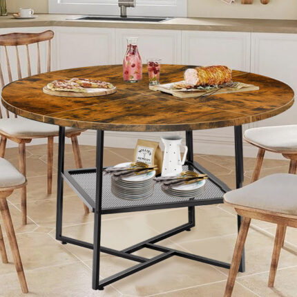 51inch Round Dining Table For 4-6 Tiger Stripes Black Wooden Dining Room Table With Storage Shelf Space Saving Circle Dinner Table With Metal Legs For Kitchen Living Room Dining Restaurant Furniture - decorative item