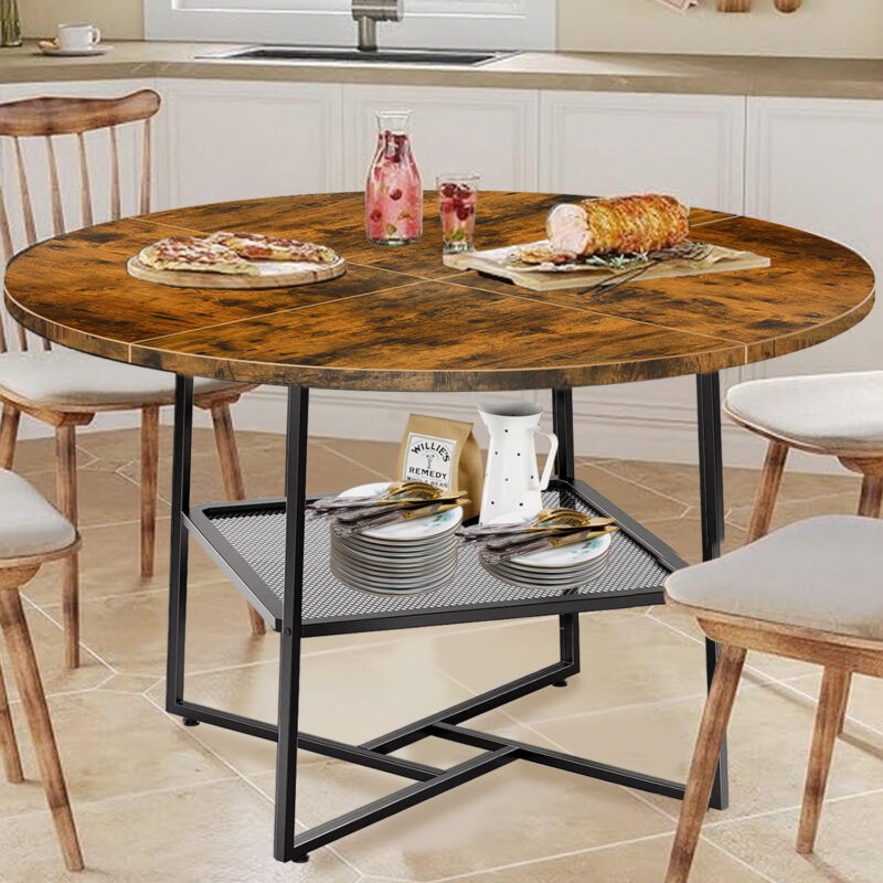 51inch Round Dining Table For 4-6 Tiger Stripes Black Wooden Dining Room Table With Storage Shelf Space Saving Circle Dinner Table With Metal Legs For Kitchen Living Room Dining Restaurant Furniture - decorative item