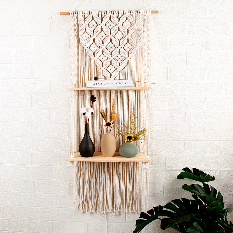 Bohemian 2-layer Wooden Shelf Tapestry Measures Woven Wood Shelf Wall Decoration For Home - furniture piece