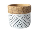 Vintage Geometric Pattern Woven Basket Indoor Planter - handcrafted wood