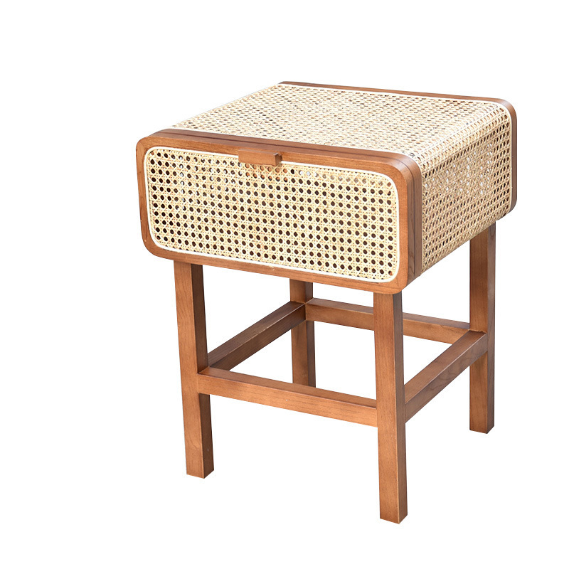 Ins Style Retro Rattan Solid Wood Bedside Table - wooden craft