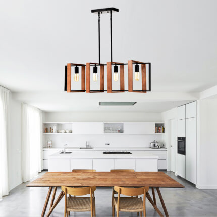 4-Light Kitchen Island Lights Pendant Light Farmhouse Dining Room Light Fixture, Rustic Wood And Black Metal Rectangular Chandelier, Hanging Lighting For Living Room,Conference Room, Home Office - interior design
