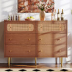 Rattan Sideboard Cabinet For Living Room, Chest Of Drawers With 6 Drawers, Walnut -40D X 120W X 90H Centimetres - wood furniture