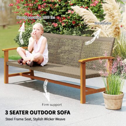 3-Seat Wicker Outdoor Couch Patio Sofa, Acacia Wood Patio Furniture With Steel Seat Armrests, Capacity, Teak - quality furniture