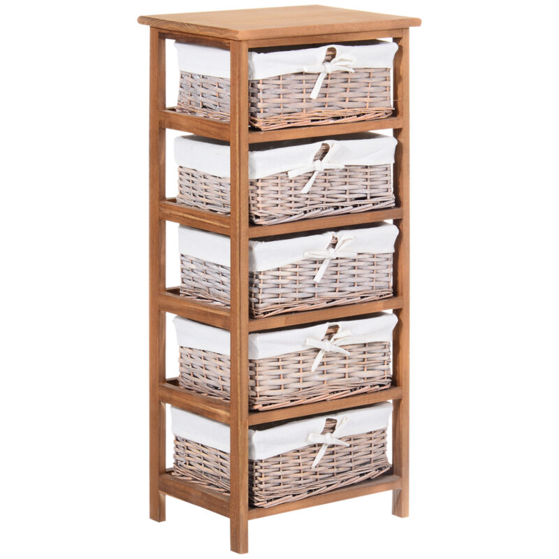 5 Drawer Dresser Wicker Basket Storage Shelf Unit Wooden Frame Home Organisation Cabinet Bedroom Office Furniture Natural Finish - home furniture