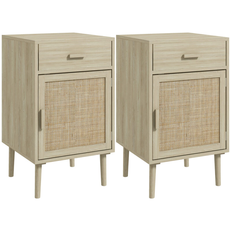 Bedside Table Set Of 2, Rattan Side Tables With Drawer, Cabinet And Adjustable Shelf, Boho Bedside Cabinet With Storage For Bedroom, Living Room, Natural Wood Effect - bedroom furniture