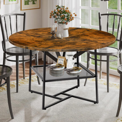51 Round Dining Table For 4-6 Tiger Stripes-Black Wooden Dining Room Table With Storage Shelf Space Saving Circle Dinner Table With Metal Legs For Kitchen Living Room Dining Restaurant Furniture - bedroom furniture