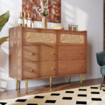 Rattan Sideboard Cabinet For Living Room, Chest Of Drawers With 6 Drawers, Walnut -40D X 120W X 90H Centimetres - modern furniture