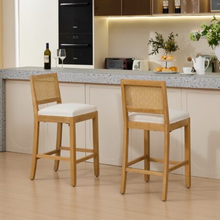 Full Solid Wood Rattan-Back Bar Stool, Matte Linen Cushion With High-Resilience Foam S-Springs, Ideal For Rustic Natural Style Kitchen Island, Low Bar In Dining Room Cafe,Set Of 2,Beige,SW1872BG - bedroom furniture