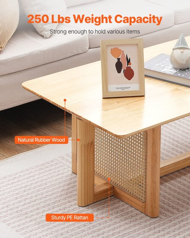 Rattan Coffee Table, Rectangle Rattan Woven Wood Coffee Table With Rubber Wood Top, 47-Inch Modern Boho Storage Coffee Table With Natural Wood Legs, For Living Room, Bedroom & Small Spaces - wooden craft