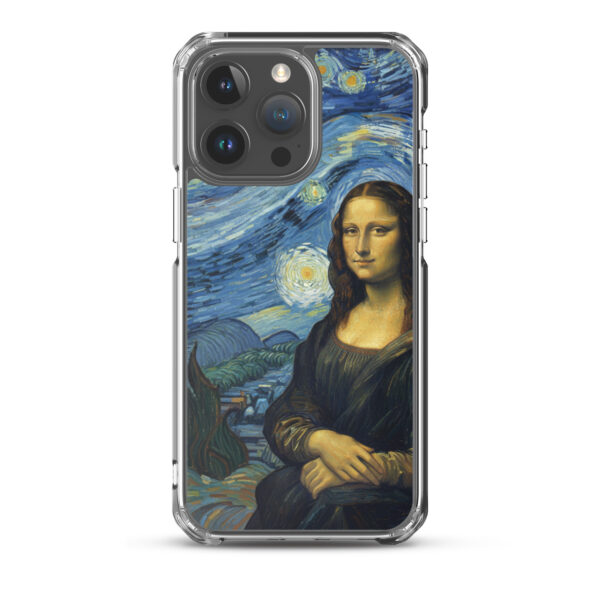 "Van Gogh’s Starry Night style, featuring the Mona Lisa standing and looking at the moon, vibrant colors, swirling night sky, artistic and dreamy atmosphere"