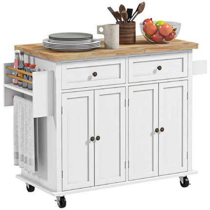 Rolling Kitchen Island Storage Trolley With Rubber Wood Top & Drawers For Dining Room, White - decorative item