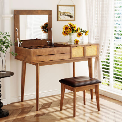 43.3 Classic Wood Makeup Vanity Set With Flip-top Mirror And Stool, Dressing Table With Three Drawers And Storage Space, Brown - bedroom furniture