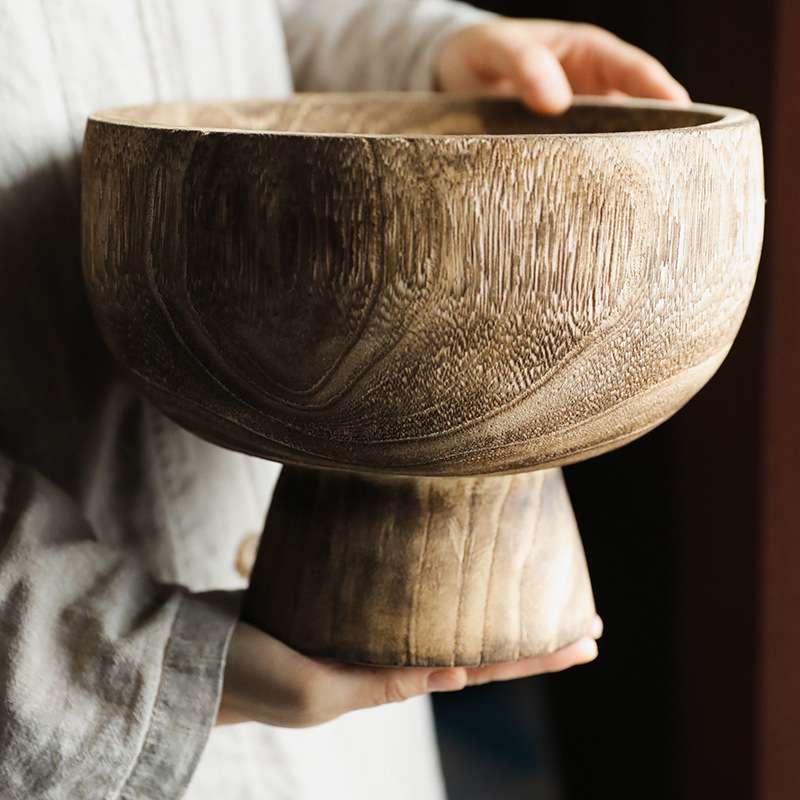 Gourmet Solid Wood High Foot Basin Handmade Fruit Wood Carbonization Plate - home styling