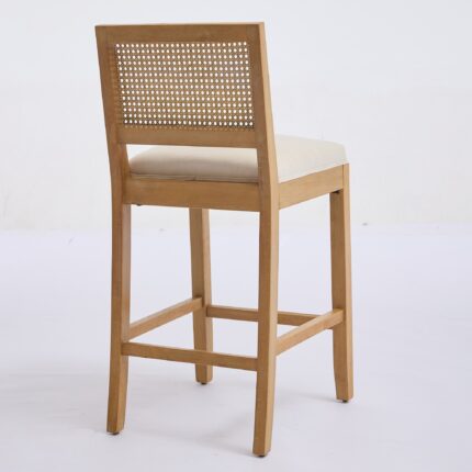 Full Solid Wood Rattan-Back Bar Stool, Matte Linen Cushion With High-Resilience Foam S-Springs, Ideal For Rustic Natural Style Kitchen Island, Low Bar In Dining Room Cafe,Set Of 2,Beige,SW1872BG - handcrafted wood