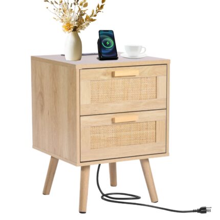 Rattan Nightstand, Boho Bedside Table With 2 Drawers, Rattan End Table Nightstand With Solid Wood Legs, Rattan Bedside Table With Charging Station, For Bedroom, Study & Living Room - wood furniture