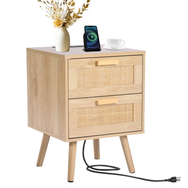Rattan Nightstand, Boho Bedside Table With 2 Drawers, Rattan End Table Nightstand With Solid Wood Legs, Rattan Bedside Table With Charging Station, For Bedroom, Study & Living Room - wood furniture