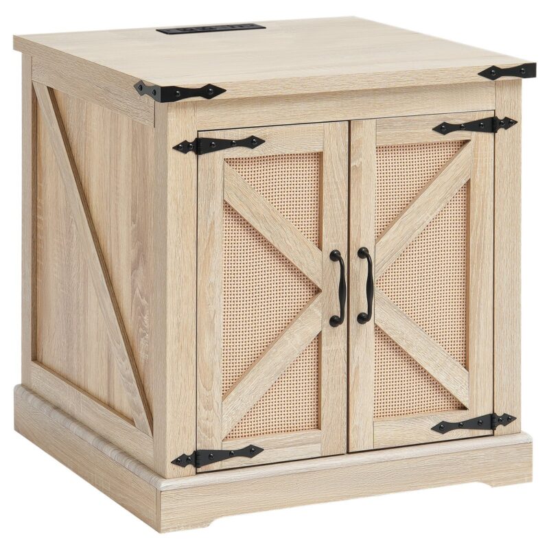 Farmhouse End Table, Rectangle PE Rattan Woven Wood Coffee Table, 24-Inch Modern Boho Style Storage Coffee Table With Retro Metal Hinges, For Living Room, Bedroom & Small Spaces - furniture design