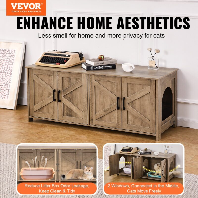 Cat Litter Box Enclosure For 2 Cats, Litter Box Furniture Hidden With Double Rooms, Wooden Cat Box Cabinet Fit Most Of Litter Box, 47.2"L X 18.5"W X 19.7"H, Greige - decorative item