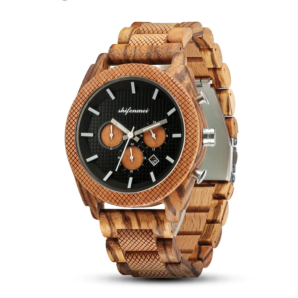 fe75914b-3763-4247-8747-6eb4c587db19.jpg Mens Six Hand Chronograph Calendar Sports Wood Casual Watch - home furniture