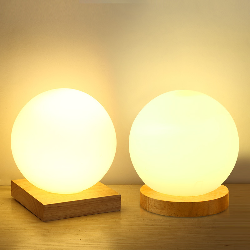 Milky White Glass Creative Dimming Ball Solid Wood Table Lamp - dining furniture
