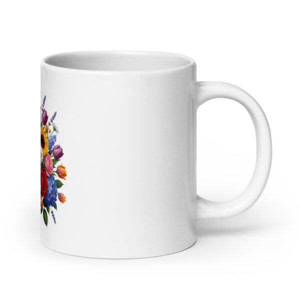 White glossy mug Focus entirely on flowers