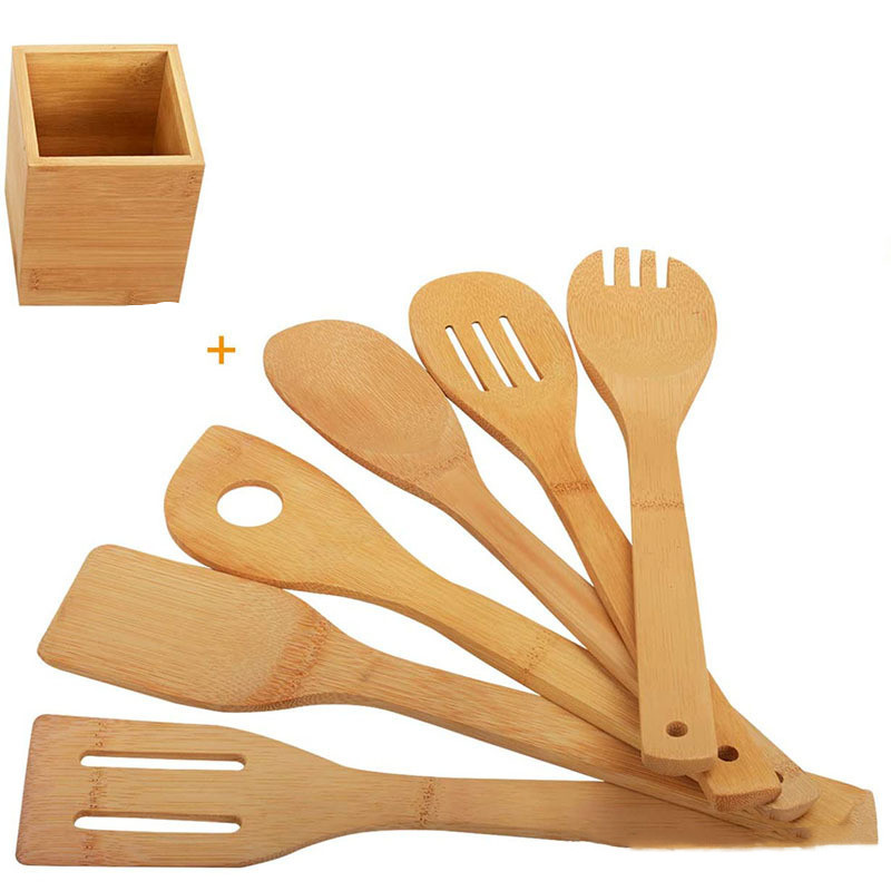 Bamboo Spatula Set with Square Holder Eco-Friendly with Ergonomic Handle Kitchen Utensil - decorative item